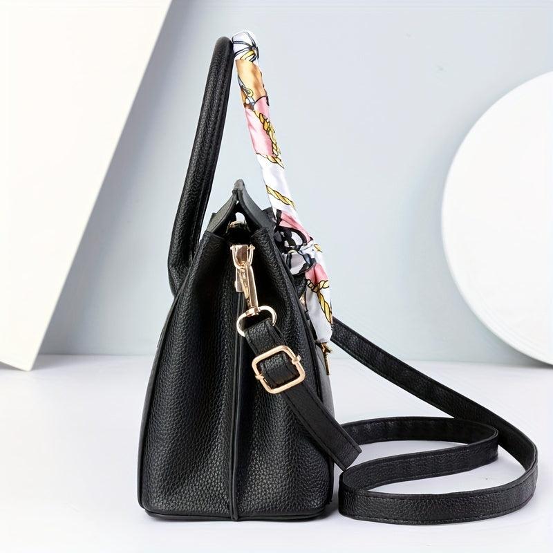 Scarf Decor Top Handle Tote Bag PU Leather Textured Shoulder Bag