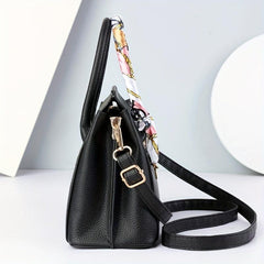 Scarf Decor Top Handle Tote Bag PU Leather Textured Shoulder Bag