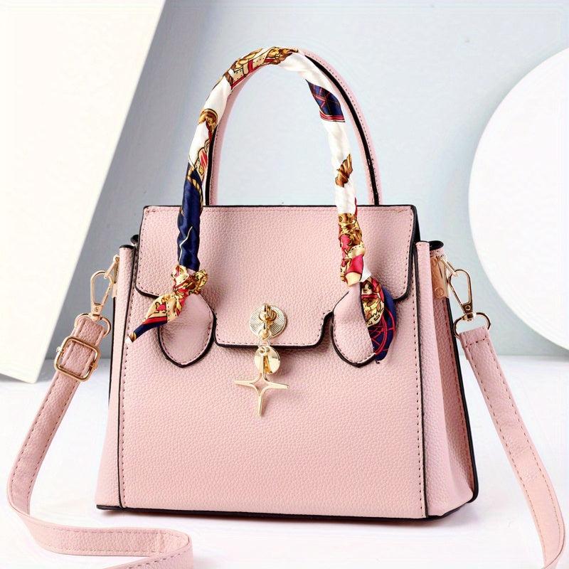 Scarf Decor Top Handle Tote Bag PU Leather Textured Shoulder Bag