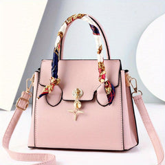 Scarf Decor Top Handle Tote Bag PU Leather Textured Shoulder Bag