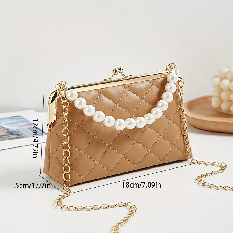 Faux Pearl Shoulder Bag Argyle Quilted Crossbody