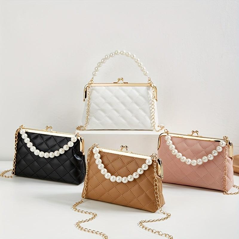 Faux Pearl Shoulder Bag Argyle Quilted Crossbody