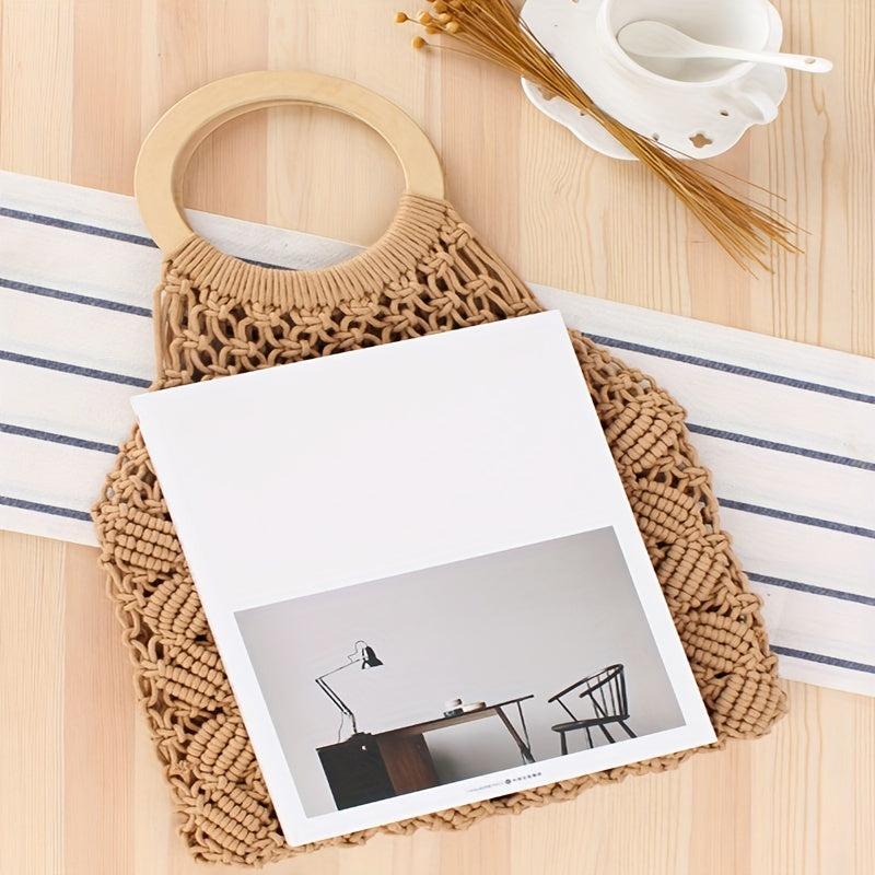 Woven Beach Bag Large Capacity Round Handle Purse for Summer Holiday
