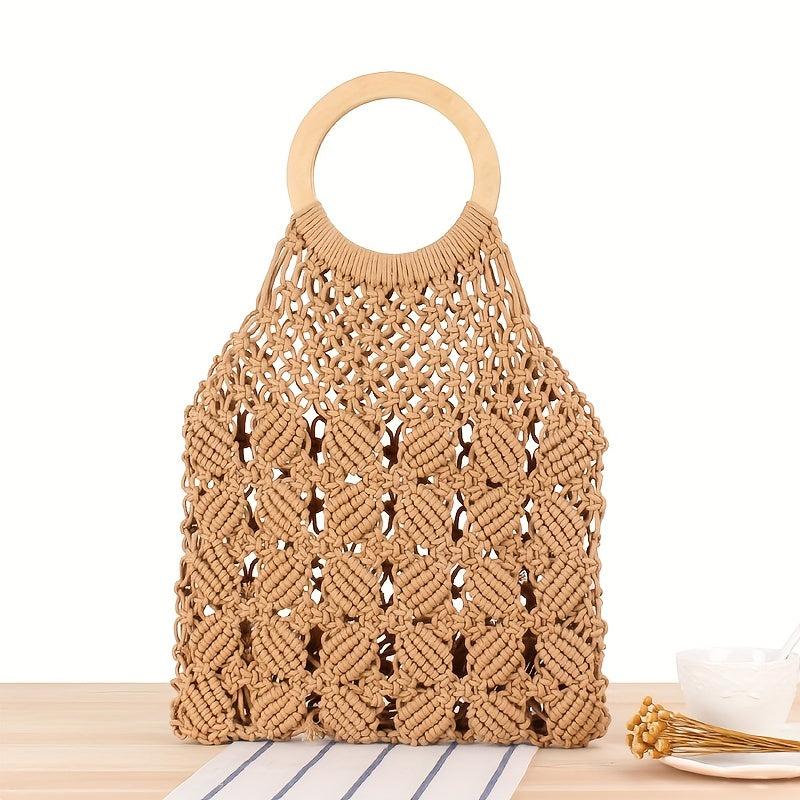 Woven Beach Bag Large Capacity Round Handle Purse for Summer Holiday