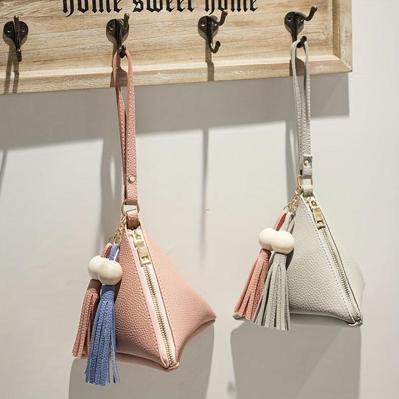 Triangle Mini Tassel Decor Handbag Zipper PU Leather Beaded Handbag
