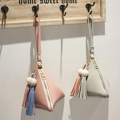 Triangle Mini Tassel Decor Handbag Zipper PU Leather Beaded Handbag