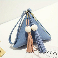 Triangle Mini Tassel Decor Handbag Zipper PU Leather Beaded Handbag