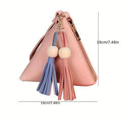 Triangle Mini Tassel Decor Handbag Zipper PU Leather Beaded Handbag