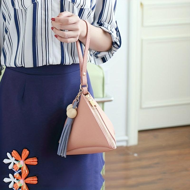Triangle Mini Tassel Decor Handbag Zipper PU Leather Beaded Handbag
