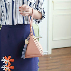Triangle Mini Tassel Decor Handbag Zipper PU Leather Beaded Handbag