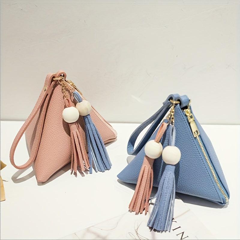 Triangle Mini Tassel Decor Handbag Zipper PU Leather Beaded Handbag