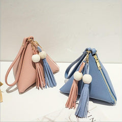 Triangle Mini Tassel Decor Handbag Zipper PU Leather Beaded Handbag