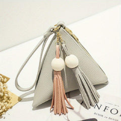 Triangle Mini Tassel Decor Handbag Zipper PU Leather Beaded Handbag