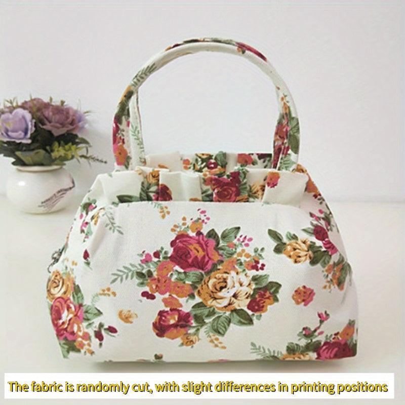 Floral Print Canvas Handbag Stylish Flower Pattern Purse Women's Casual