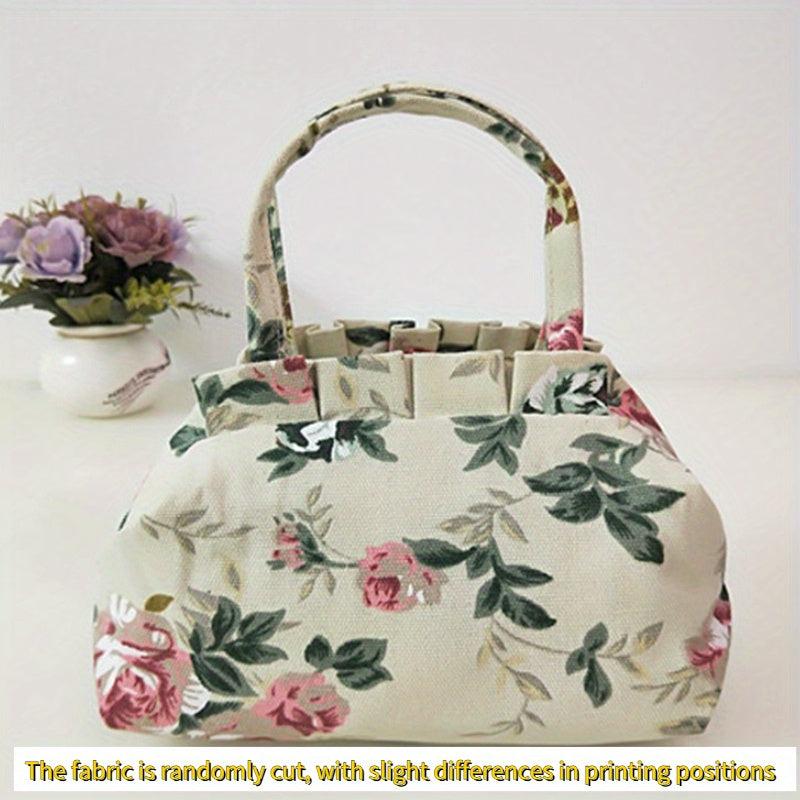 Floral Print Canvas Handbag Stylish Flower Pattern Purse Women's Casual