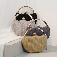 Pleated Clutch Bag Circular Handle Wedding Prom Handbag Glitter Solid Purse