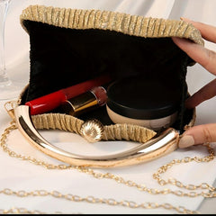 Pleated Clutch Bag Circular Handle Wedding Prom Handbag Glitter Solid Purse
