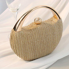 Pleated Clutch Bag Circular Handle Wedding Prom Handbag Glitter Solid Purse