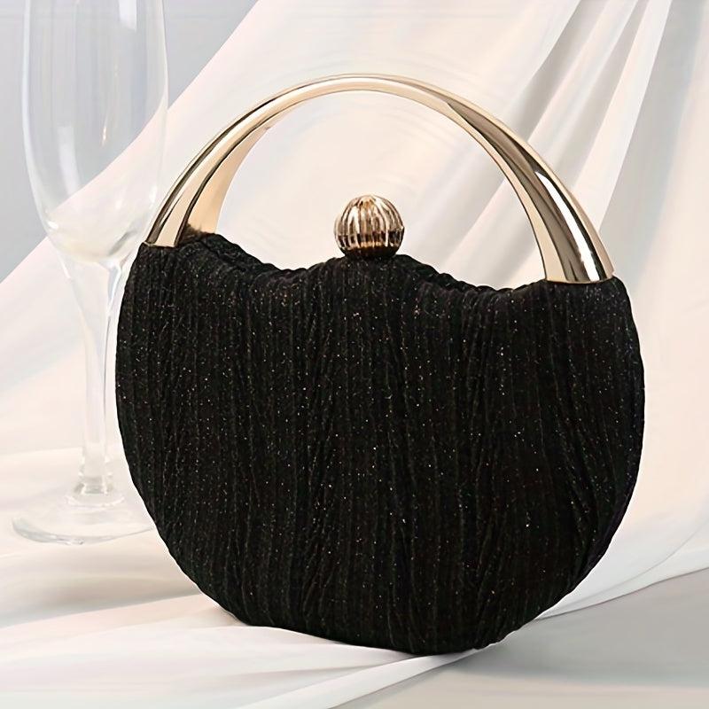 Pleated Clutch Bag Circular Handle Wedding Prom Handbag Glitter Solid Purse