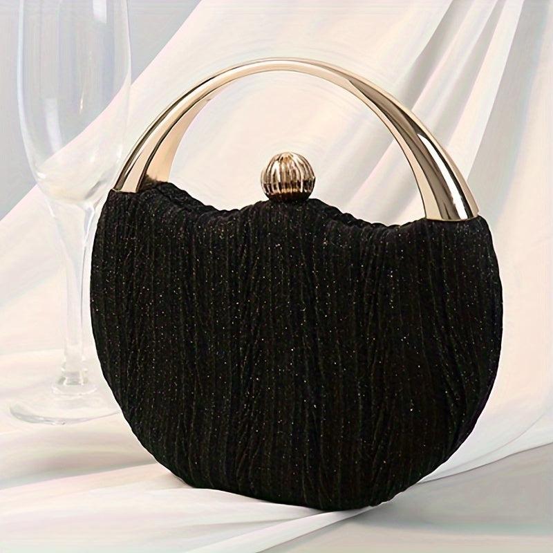 Pleated Clutch Bag Circular Handle Wedding Prom Handbag Glitter Solid Purse
