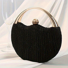 Pleated Clutch Bag Circular Handle Wedding Prom Handbag Glitter Solid Purse