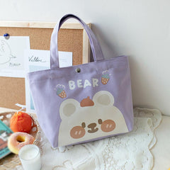 Bear Pattern Canvas Handbag for School & Picnic