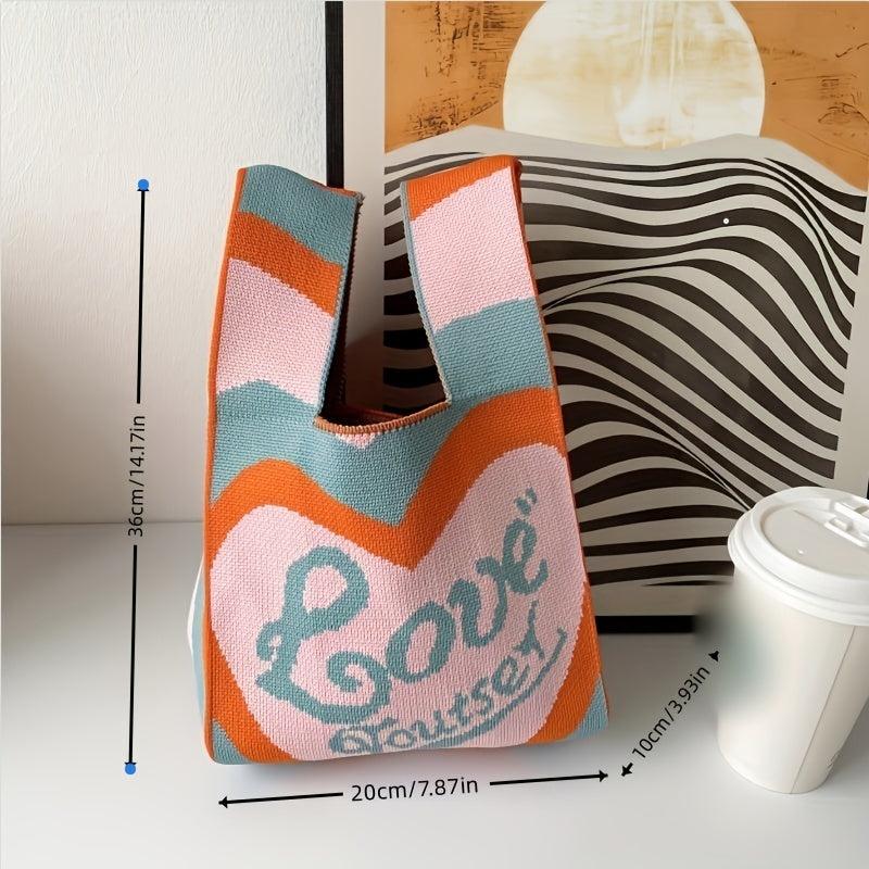Love Heart Pattern Crochet Bag Knitted Tote Handbags Women's Niche Wrist Bag