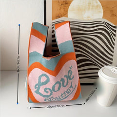 Love Heart Pattern Crochet Bag Knitted Tote Handbags Women's Niche Wrist Bag