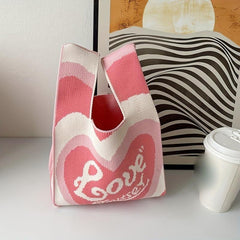 Love Heart Pattern Crochet Bag Knitted Tote Handbags Women's Niche Wrist Bag