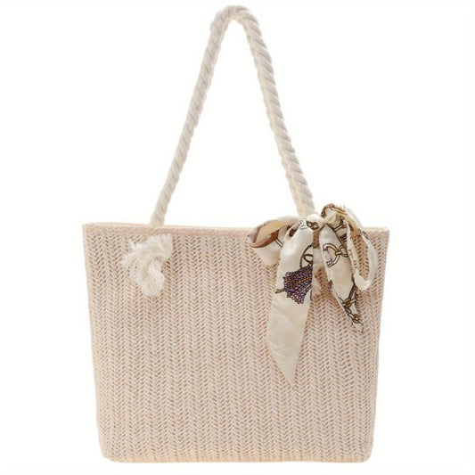 Straw Beach Bag Scarf Decor Shoulder Bag Tote Bag for Travel Vacation