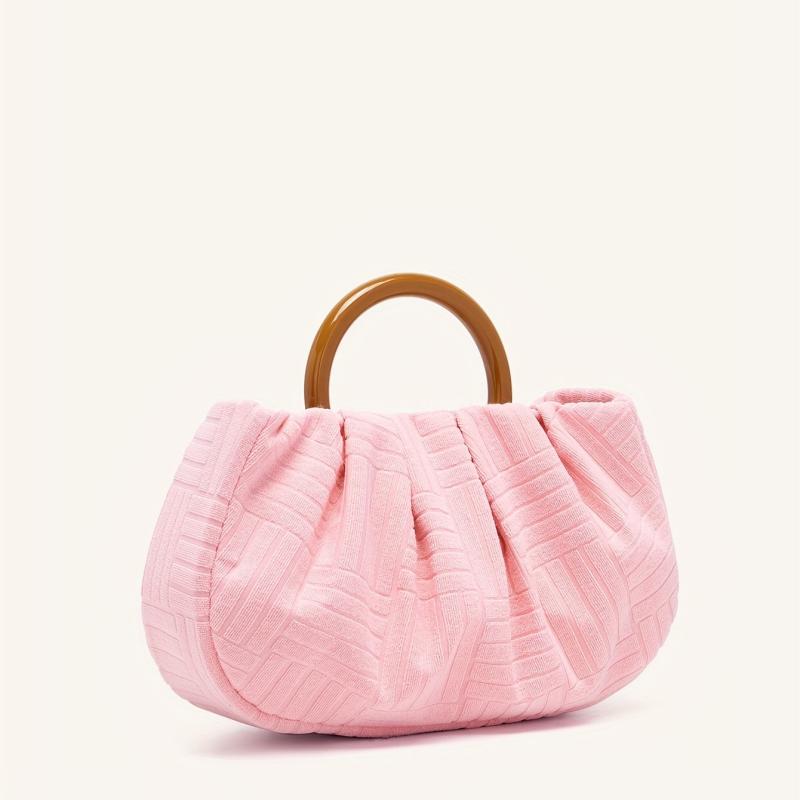 Jacquard Fabric Pleated Handbag with Stylish Ring Strap