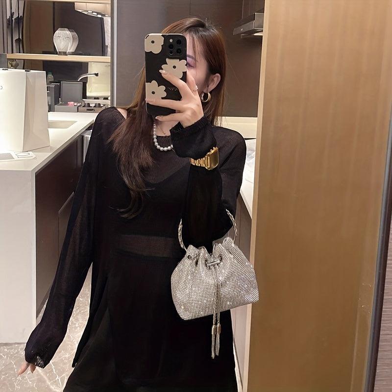 Rhinestone Decor Bucket Bag Chain Crossbody Bag Top Ring Handbag