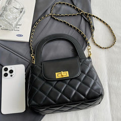 Quilted Satchel Bag Argyle Pattern Turn Lock Chain Handbag