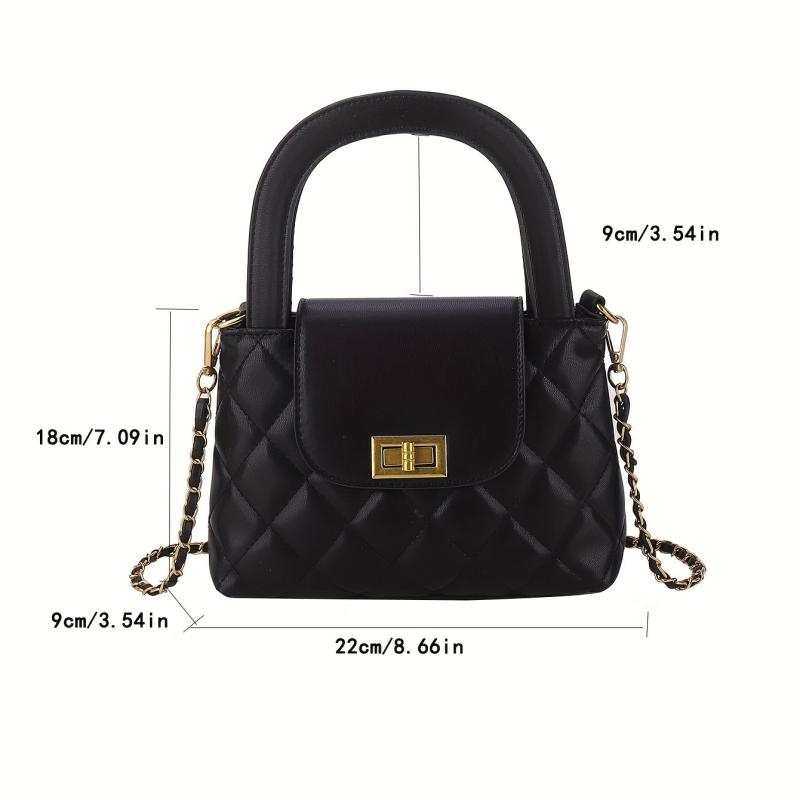 Quilted Satchel Bag Argyle Pattern Turn Lock Chain Handbag