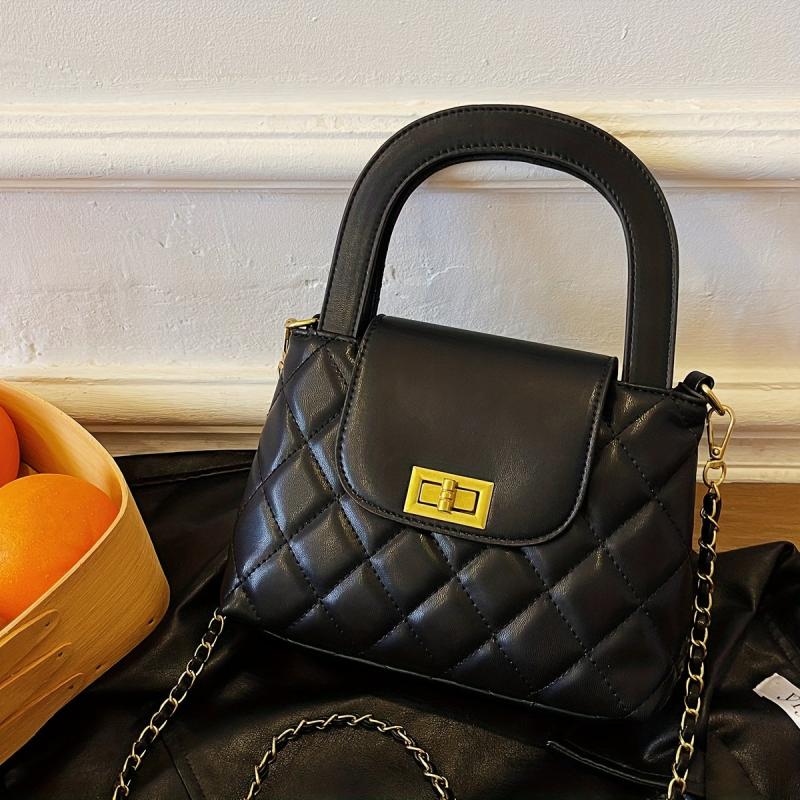 Quilted Satchel Bag Argyle Pattern Turn Lock Chain Handbag