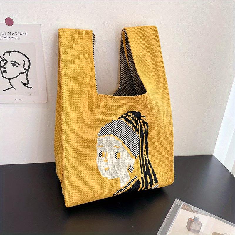 Pearl Girl Knitted Tote Handbag Art Wristlet Purse For Women