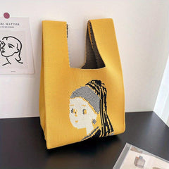 Pearl Girl Knitted Tote Handbag Art Wristlet Purse For Women