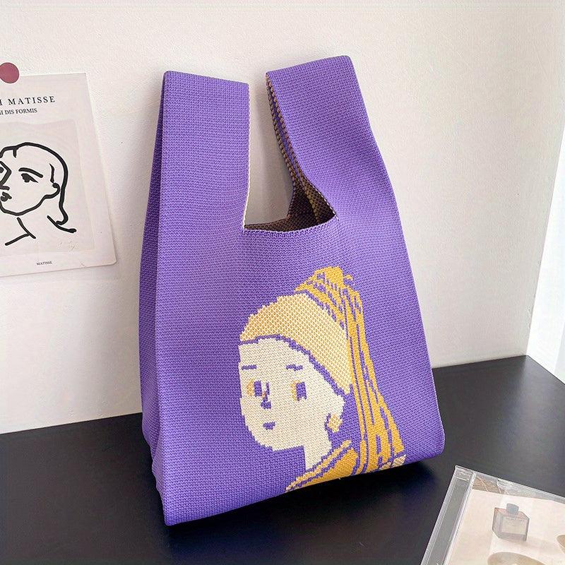 Pearl Girl Knitted Tote Handbag Art Wristlet Purse For Women