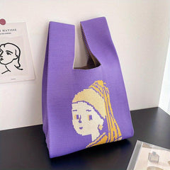 Pearl Girl Knitted Tote Handbag Art Wristlet Purse For Women