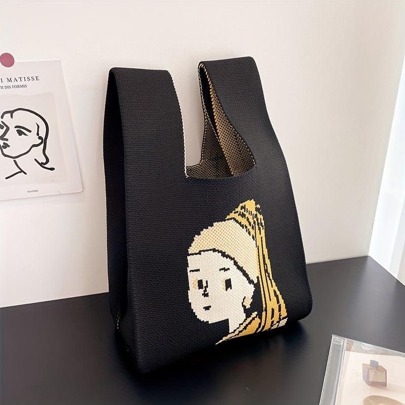 Pearl Girl Knitted Tote Handbag Art Wristlet Purse For Women