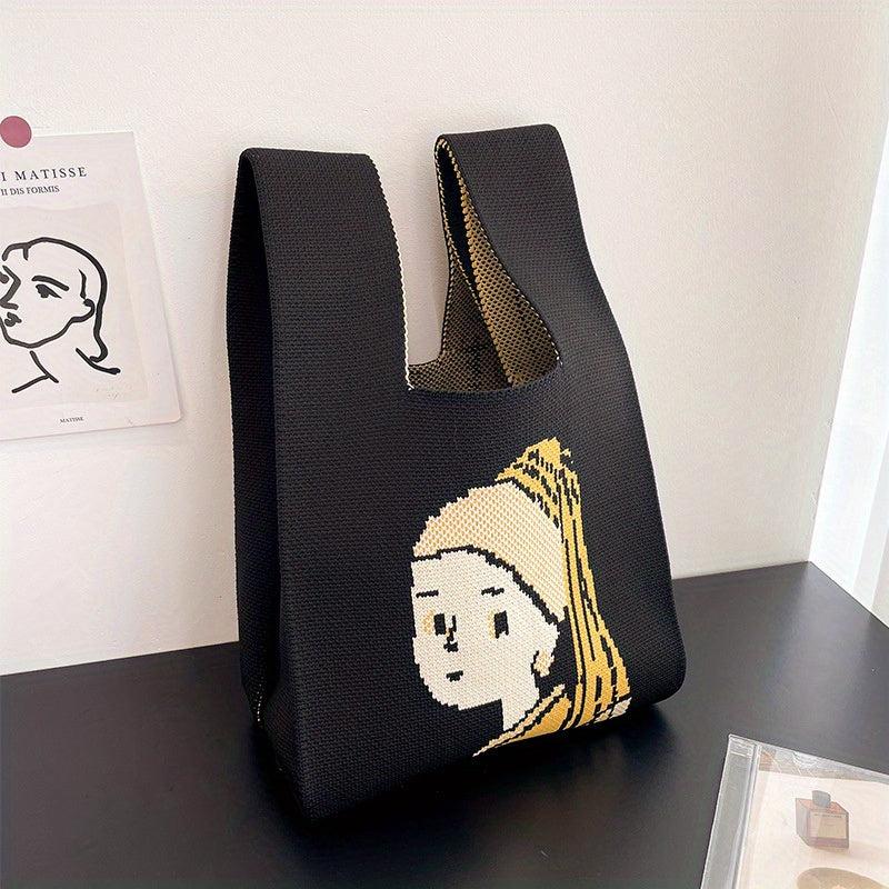 Pearl Girl Knitted Tote Handbag Art Wristlet Purse For Women