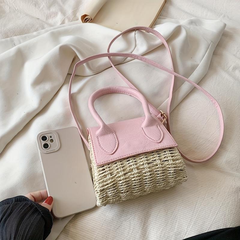 Mini Straw Woven Top Handle Crossbody Bag Summer Beach Bag