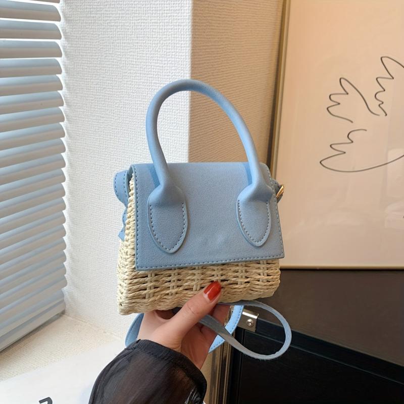 Mini Straw Woven Top Handle Crossbody Bag Summer Beach Bag