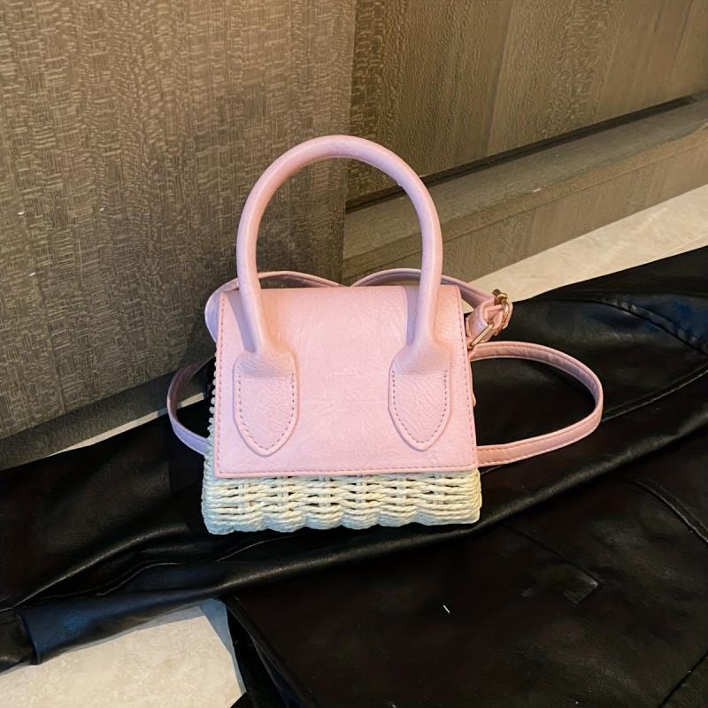 Mini Straw Woven Top Handle Crossbody Bag Summer Beach Bag