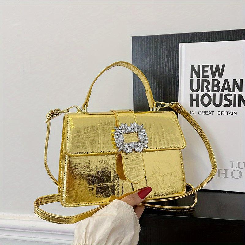 Rhinestone Flap Bag PU Leather Crossbody Bag Lightweight Shoulder Handbag