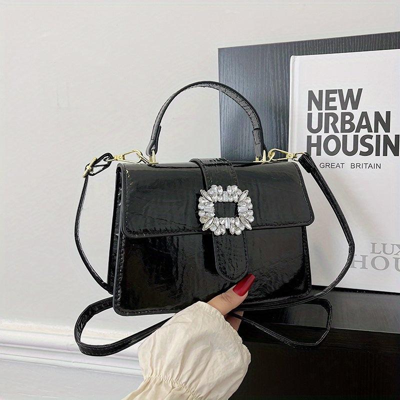 Rhinestone Flap Bag PU Leather Crossbody Bag Lightweight Shoulder Handbag
