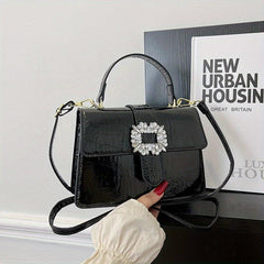 Rhinestone Flap Bag PU Leather Crossbody Bag Lightweight Shoulder Handbag