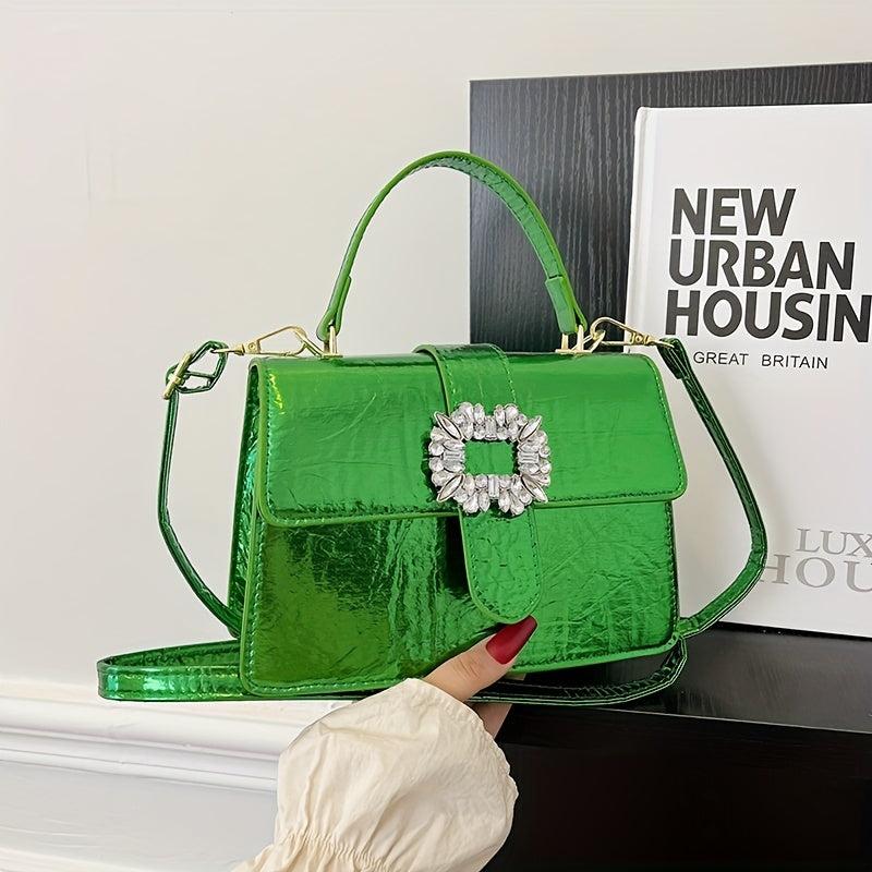 Rhinestone Flap Bag PU Leather Crossbody Bag Lightweight Shoulder Handbag