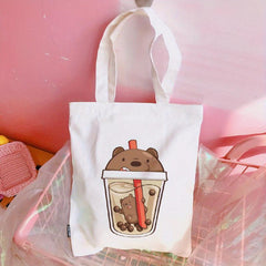 Cartoon Bears & Milk Tea Print Shoulder Bag Lightweight Shopper Bag