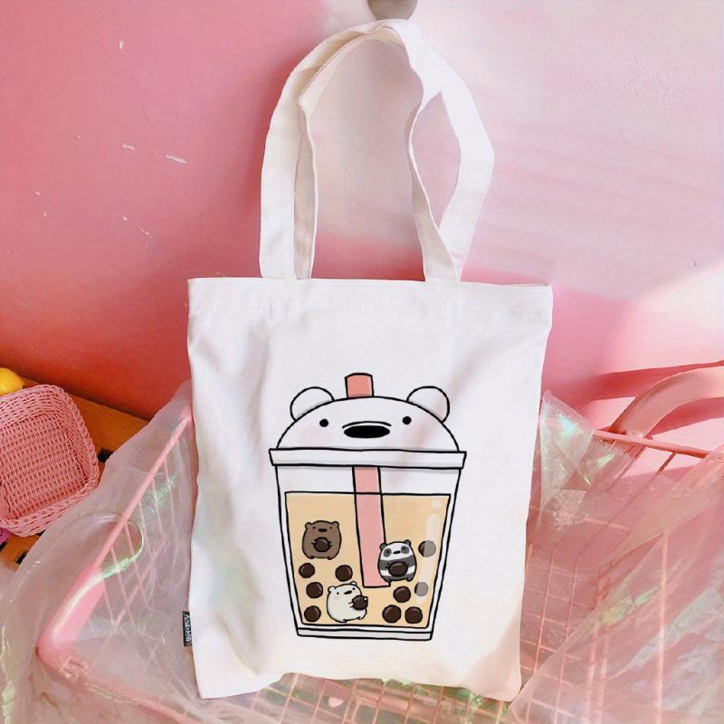 Cartoon Bears & Milk Tea Print Shoulder Bag Lightweight Shopper Bag